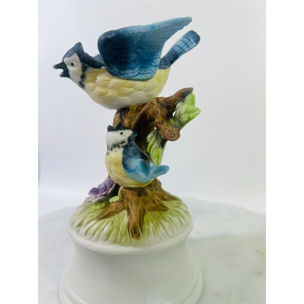 Vtg Royal Crown Porcelain Figurine Blue Jay Bird & Baby Musical Theme Love Story